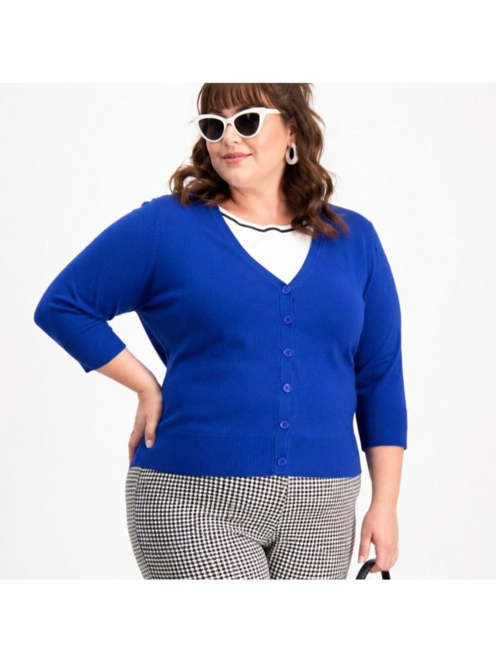 Fervour Women's 2X Blue Button Front Cardigan Sweater 3/4 Sleeve Stretch Knit
